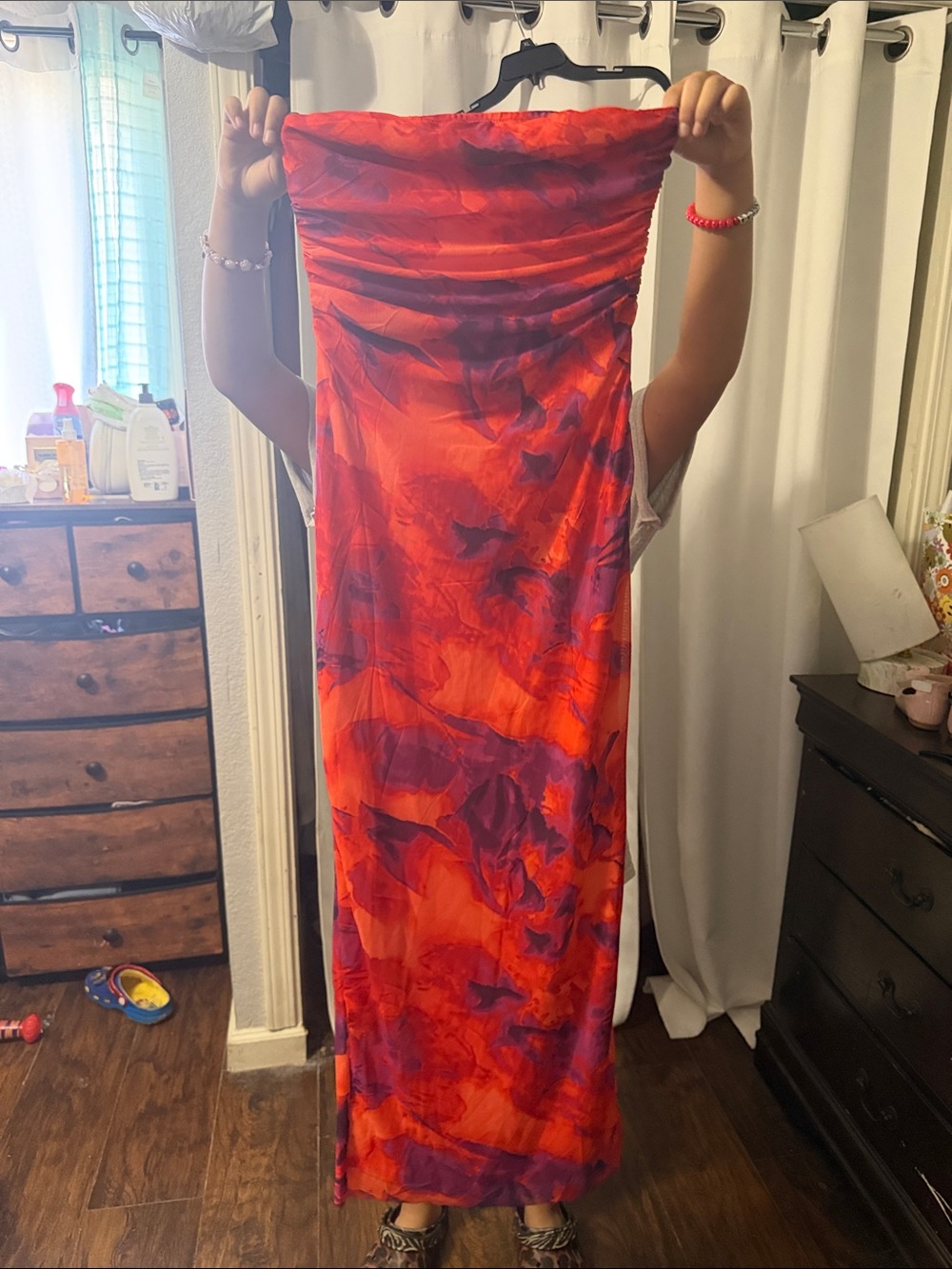 Vibrant Red & Purple Strapless Maxi Dress